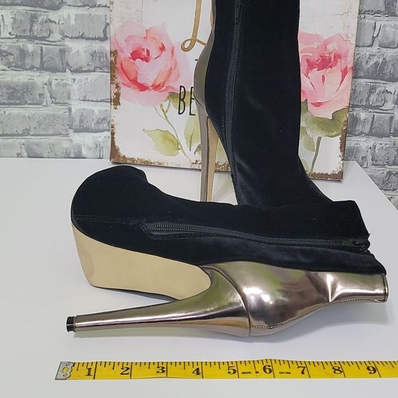 Bucco Platform Black & Gold Velvet Heeled Booties - Picture 16 of 16